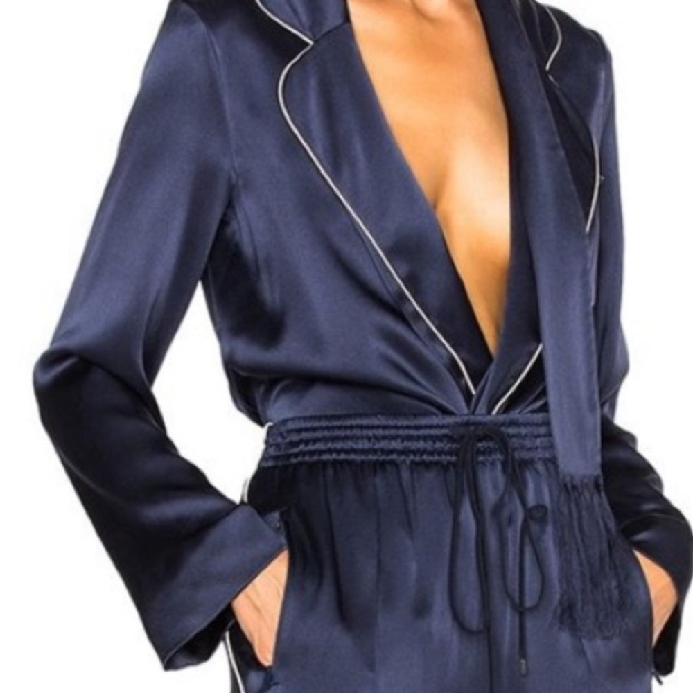 Chloe Piped Satin 100% Silk Ocean Blue Pajama Blazer Jacket Coat Size Small 36